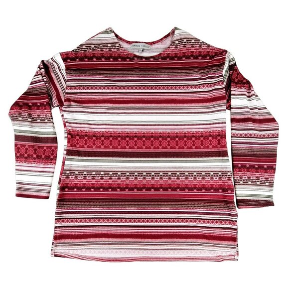 Womans Red Striped Blouse Absolutely Famous Cranberry Tan White size L  JH1538 - Picture 1 of 5